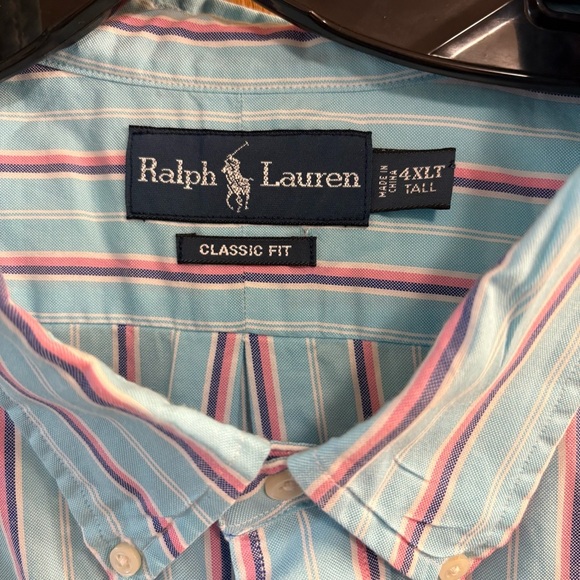 Ralph Lauren Shirt Mens 4XLT Teal Pink Blue Stripe Pony Cotton Button Up Preppy - Picture 2 of 4